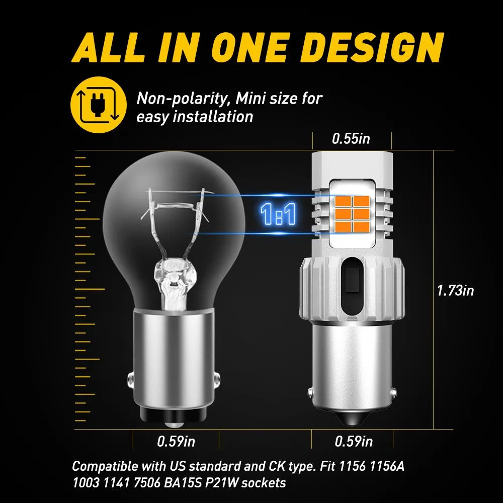 1156 BA15S LED Bulb Turn Signal Light Bulbs, Non-polarity, Compatible with standard and CK sockets, Amber, 25W Per Bulb