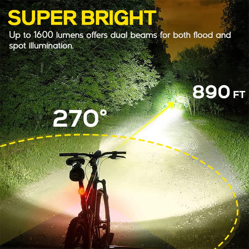 1600 Lumens Mountain Bike Lights With Rear Light