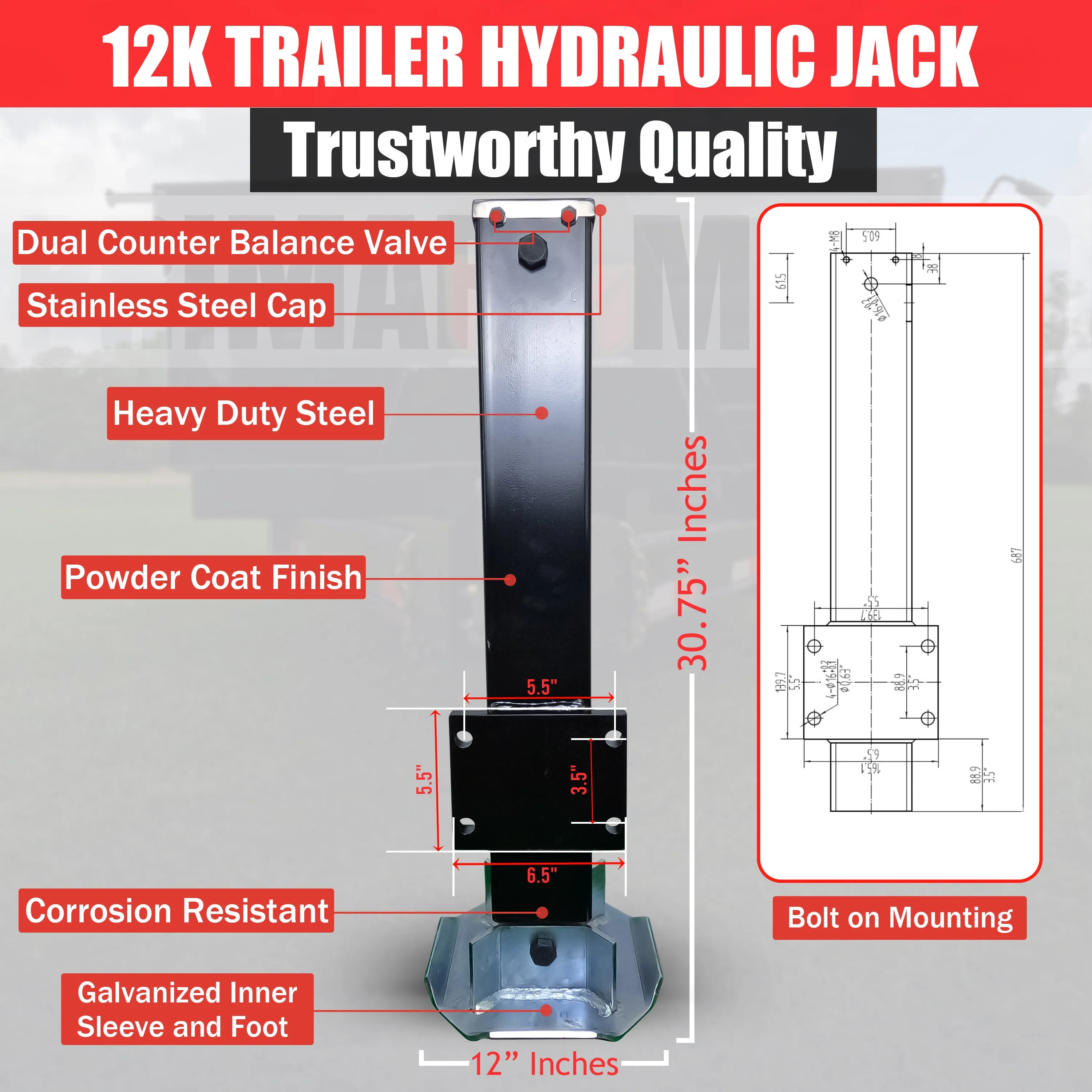 24k Double Hydraulic Trailer Jack Add-On Kit "Weld On" or "Bolt On"