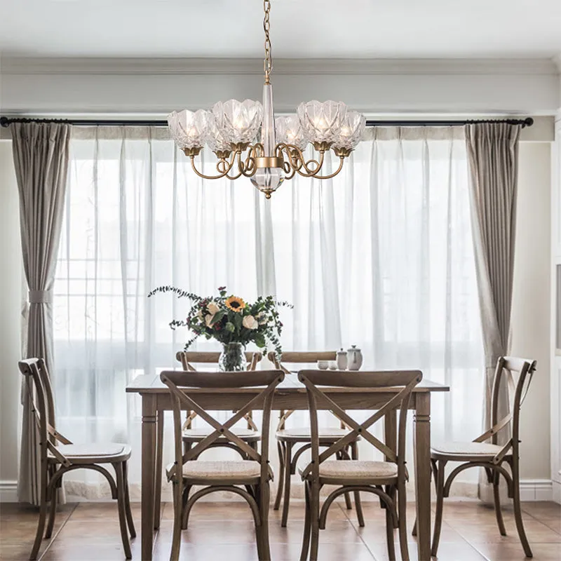 6-Head Brass Chandelier with Clear Glass Shades and Curved Metal Arm - Contemporary Ceiling Pendant Light