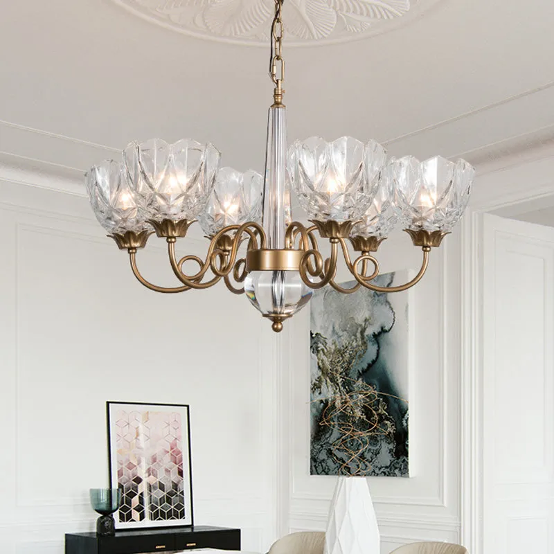 6-Head Brass Chandelier with Clear Glass Shades and Curved Metal Arm - Contemporary Ceiling Pendant Light