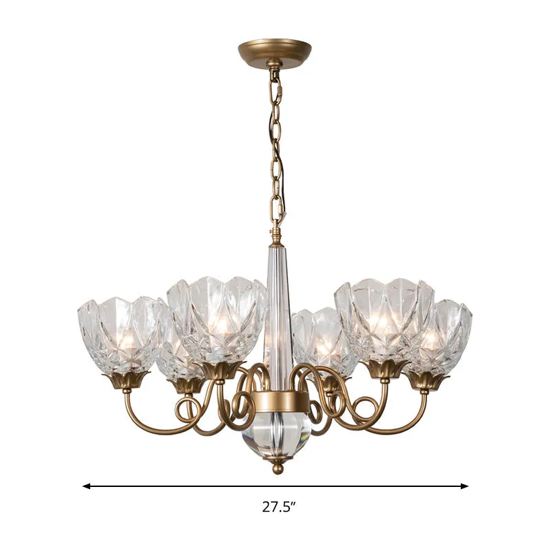 6-Head Brass Chandelier with Clear Glass Shades and Curved Metal Arm - Contemporary Ceiling Pendant Light