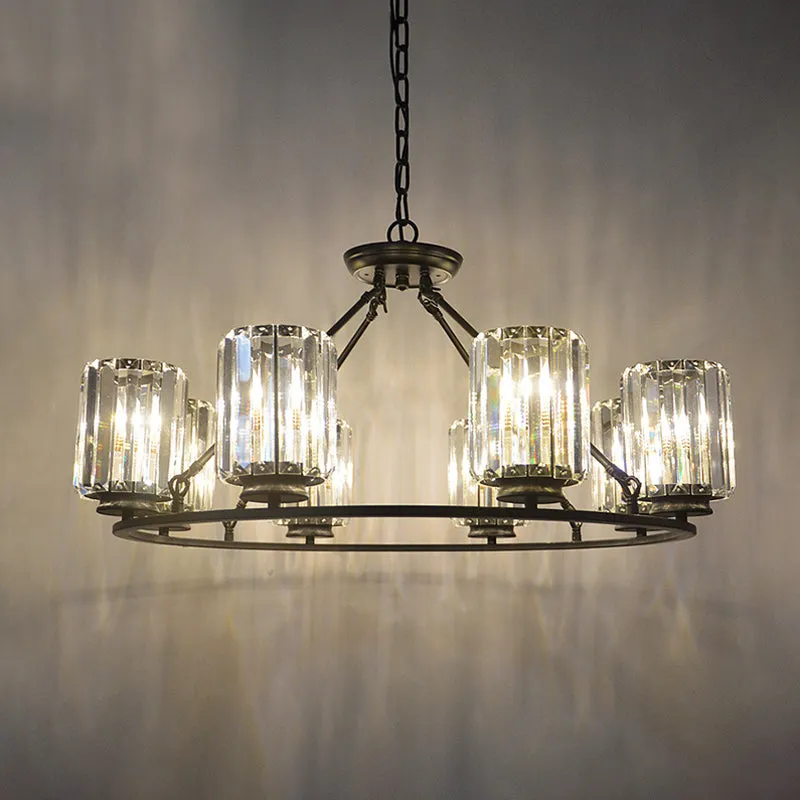 6/8 Bulb Clear Crystal Ring Chandelier with Black Cylinder Shade