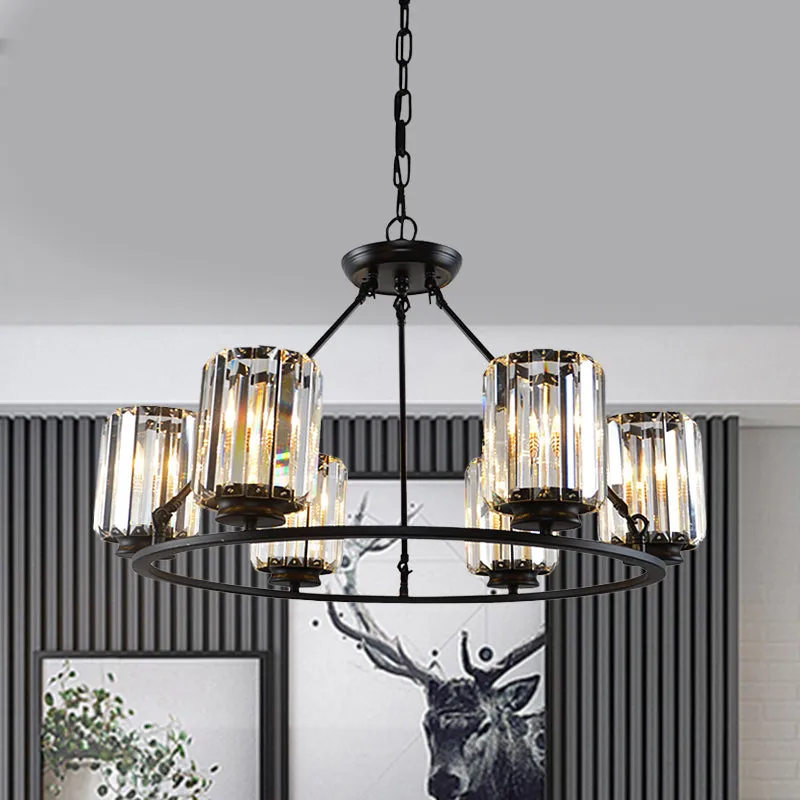 6/8 Bulb Clear Crystal Ring Chandelier with Black Cylinder Shade
