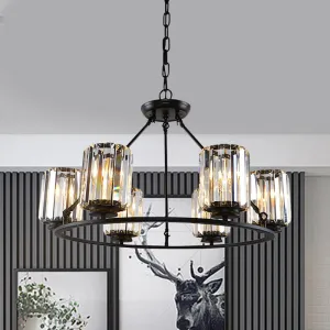 6/8 Bulb Clear Crystal Ring Chandelier with Black Cylinder Shade