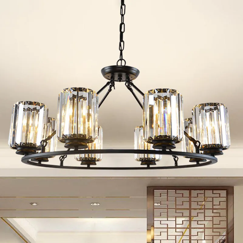 6/8 Bulb Clear Crystal Ring Chandelier with Black Cylinder Shade