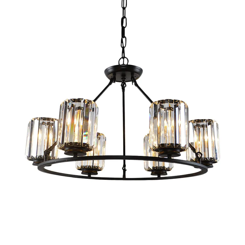 6/8 Bulb Clear Crystal Ring Chandelier with Black Cylinder Shade