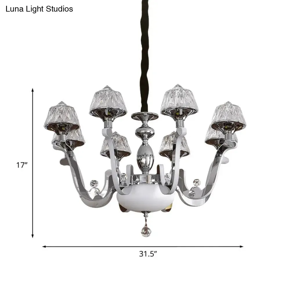 8-Bulb Cone Crystal Block Chandelier Pendant Light - Contemporary Chrome Ceiling Fixture