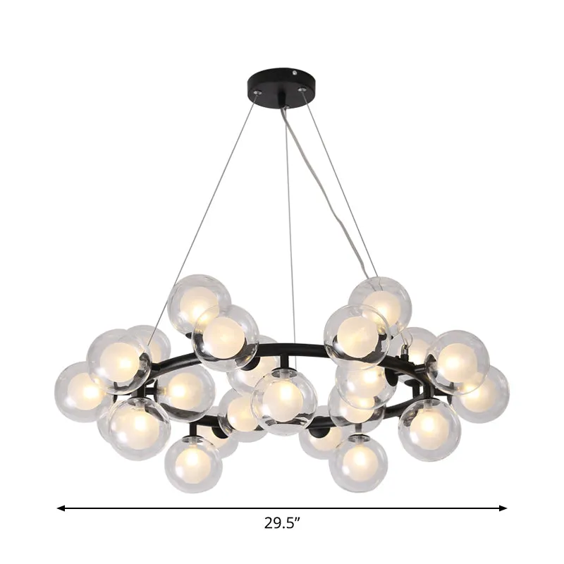Black Bubbled Wreath Chandelier with Clear and Frosted Glass Shades - Modern 15/25 Bulb Hanging Ceiling Light