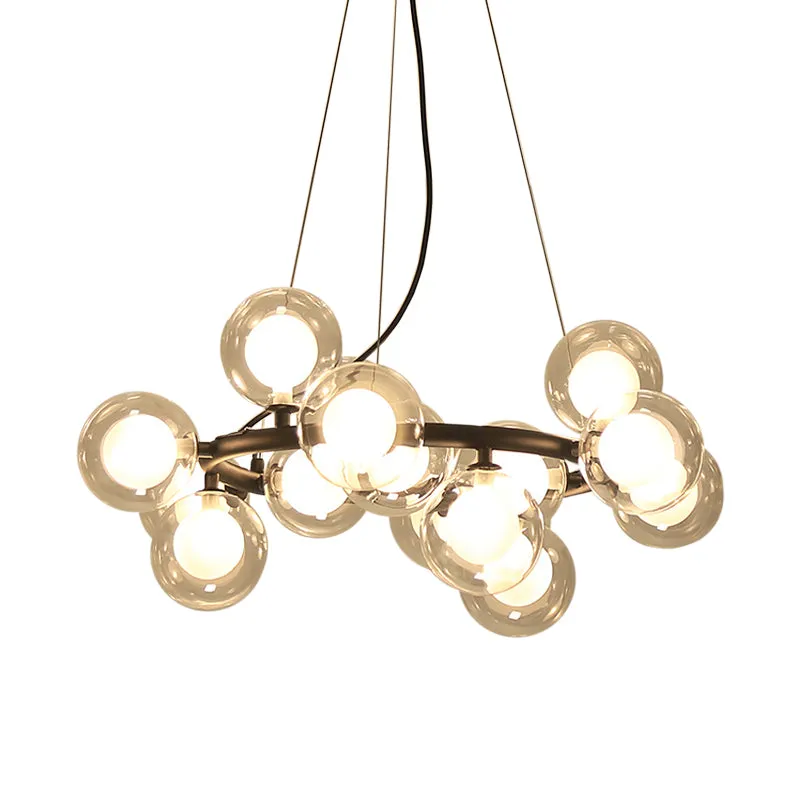 Black Bubbled Wreath Chandelier with Clear and Frosted Glass Shades - Modern 15/25 Bulb Hanging Ceiling Light