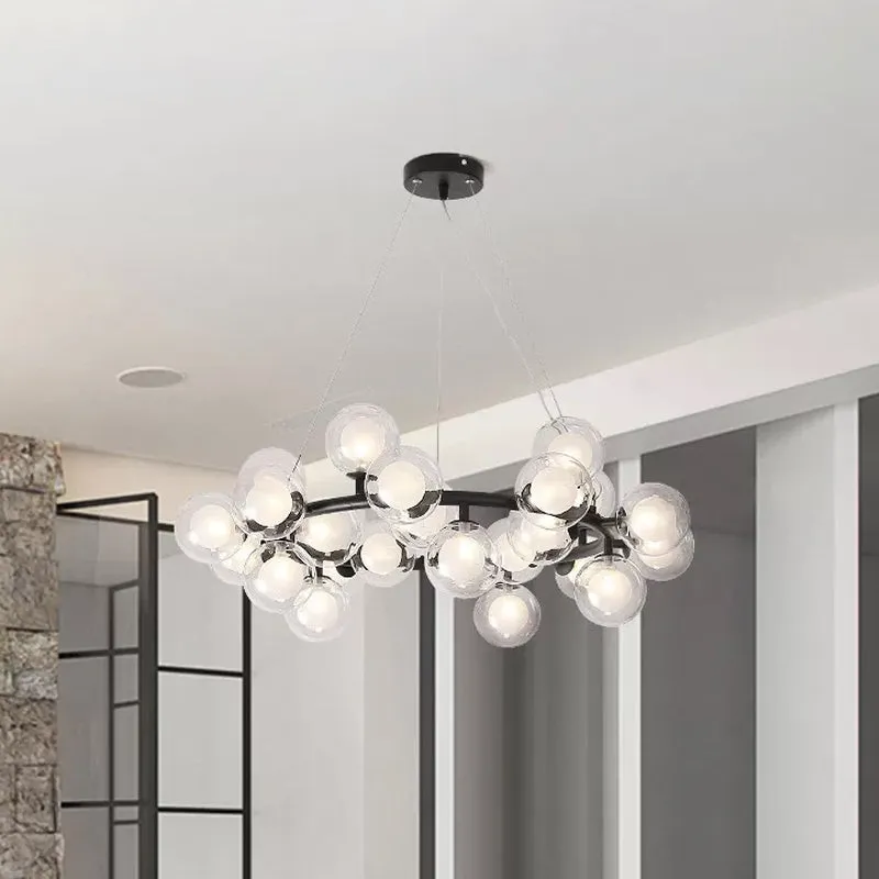 Black Bubbled Wreath Chandelier with Clear and Frosted Glass Shades - Modern 15/25 Bulb Hanging Ceiling Light