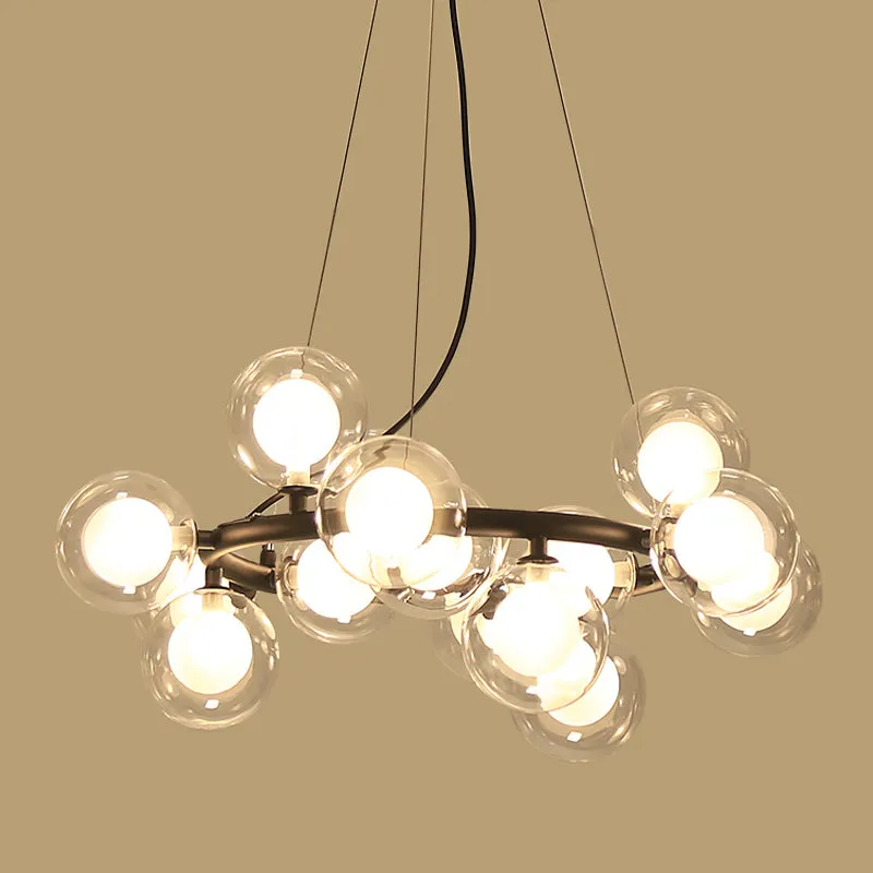 Black Bubbled Wreath Chandelier with Clear and Frosted Glass Shades - Modern 15/25 Bulb Hanging Ceiling Light