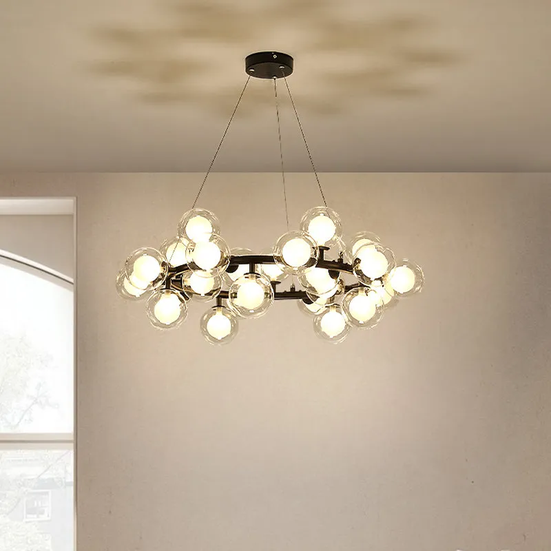 Black Bubbled Wreath Chandelier with Clear and Frosted Glass Shades - Modern 15/25 Bulb Hanging Ceiling Light