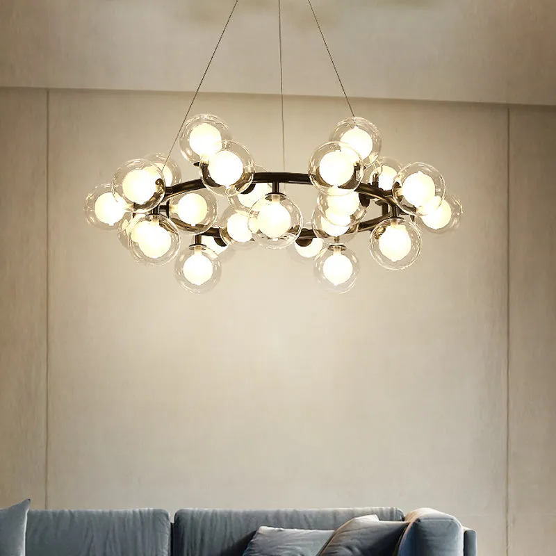 Black Bubbled Wreath Chandelier with Clear and Frosted Glass Shades - Modern 15/25 Bulb Hanging Ceiling Light