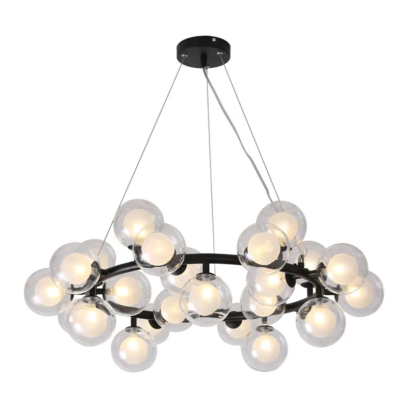 Black Bubbled Wreath Chandelier with Clear and Frosted Glass Shades - Modern 15/25 Bulb Hanging Ceiling Light
