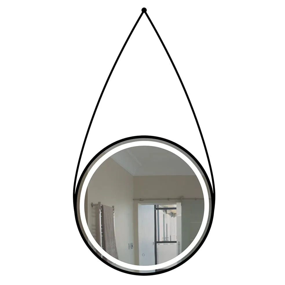 Circular LED Bathroom Mirror with Black Leather Strap