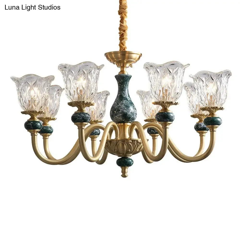 Colonial Brass Chandelier: Clear Glass Flower Up Suspended Lighting Fixture for Living Room