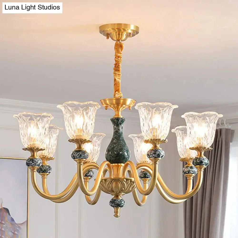 Colonial Brass Chandelier: Clear Glass Flower Up Suspended Lighting Fixture for Living Room