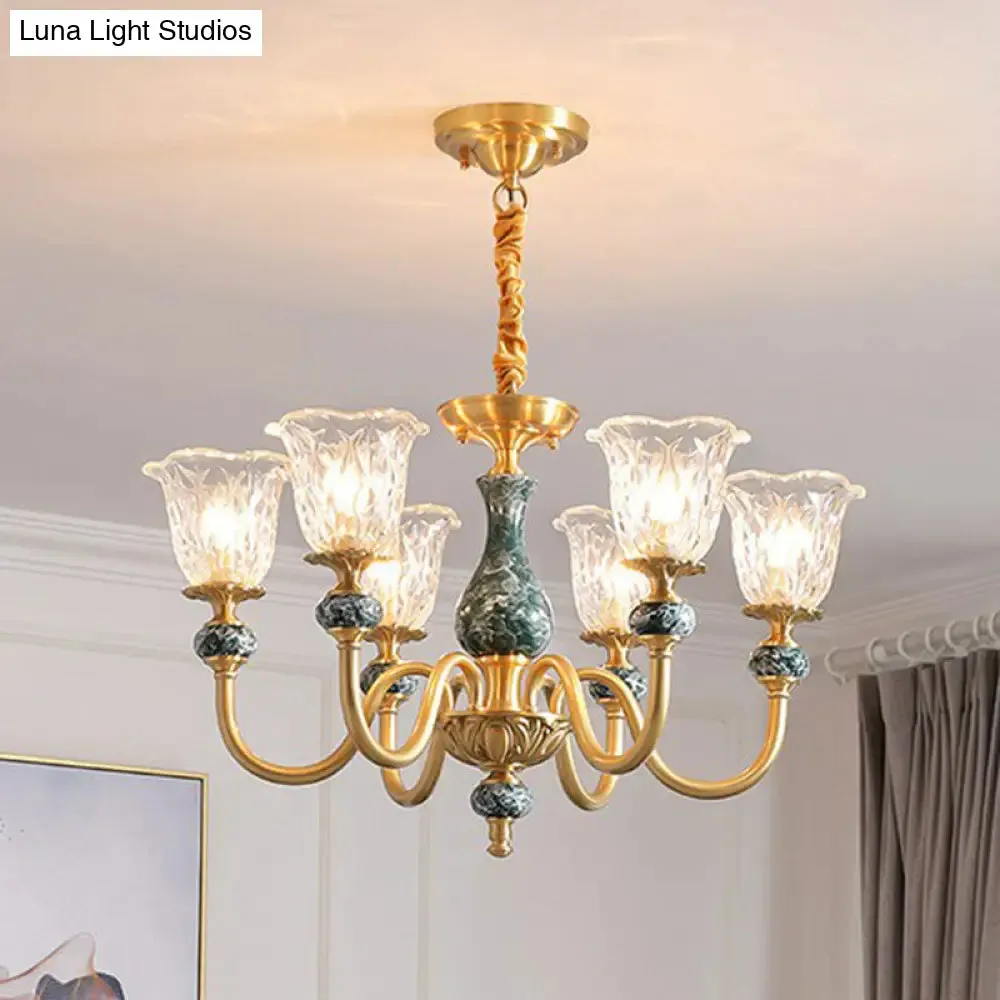 Colonial Brass Chandelier: Clear Glass Flower Up Suspended Lighting Fixture for Living Room