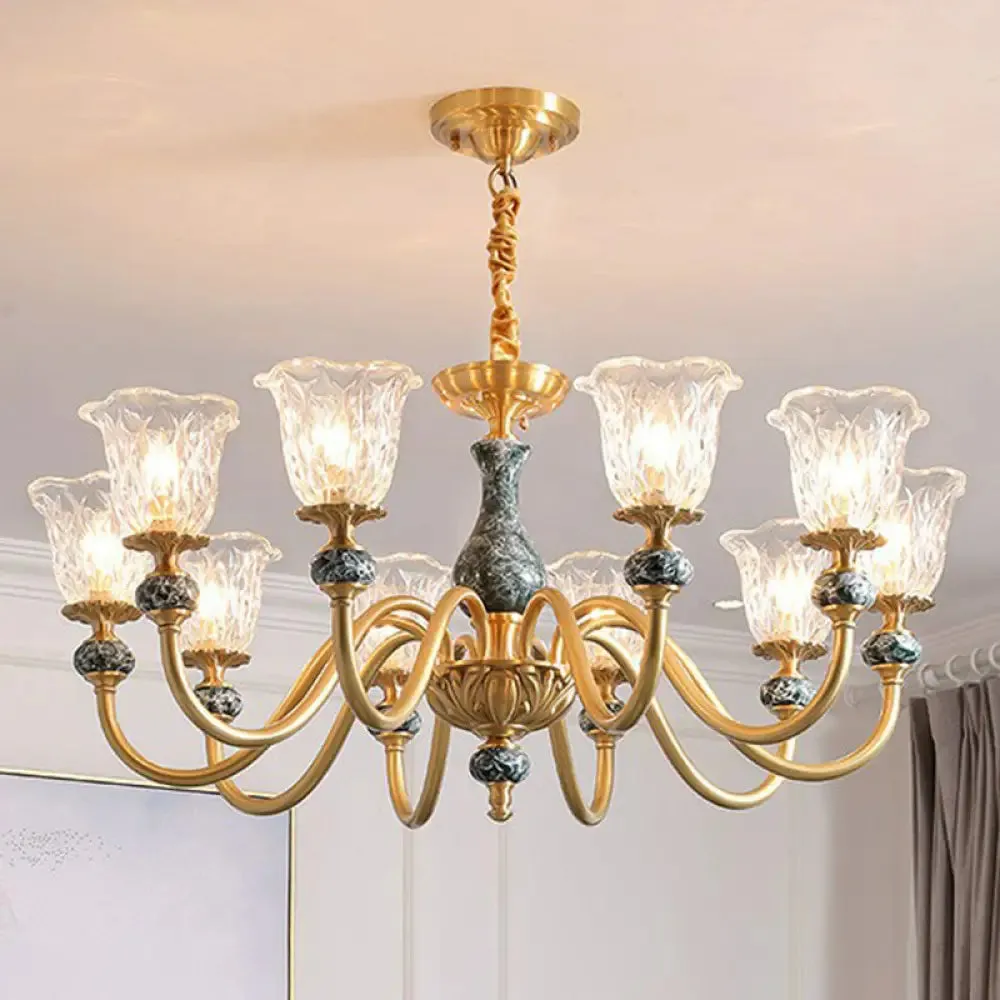 Colonial Brass Chandelier: Clear Glass Flower Up Suspended Lighting Fixture for Living Room