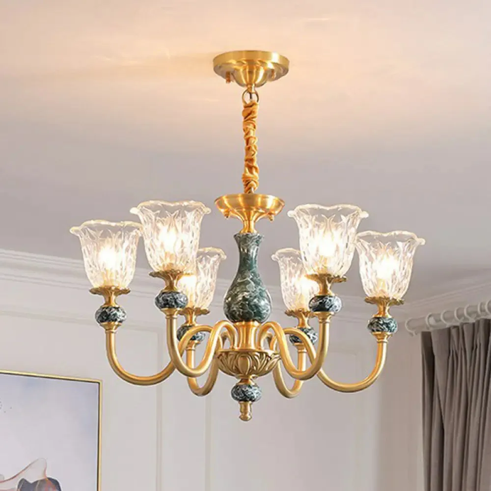 Colonial Brass Chandelier: Clear Glass Flower Up Suspended Lighting Fixture for Living Room