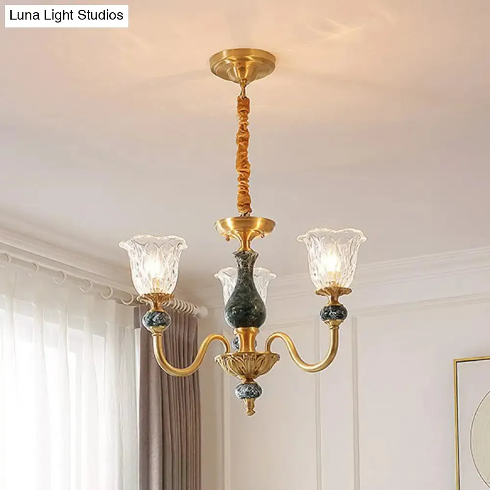 Colonial Brass Chandelier: Clear Glass Flower Up Suspended Lighting Fixture for Living Room