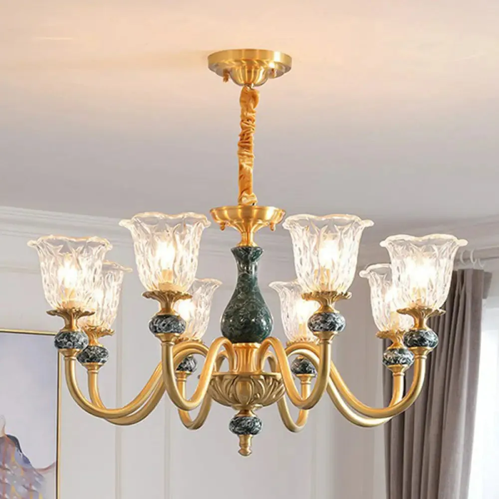 Colonial Brass Chandelier: Clear Glass Flower Up Suspended Lighting Fixture for Living Room