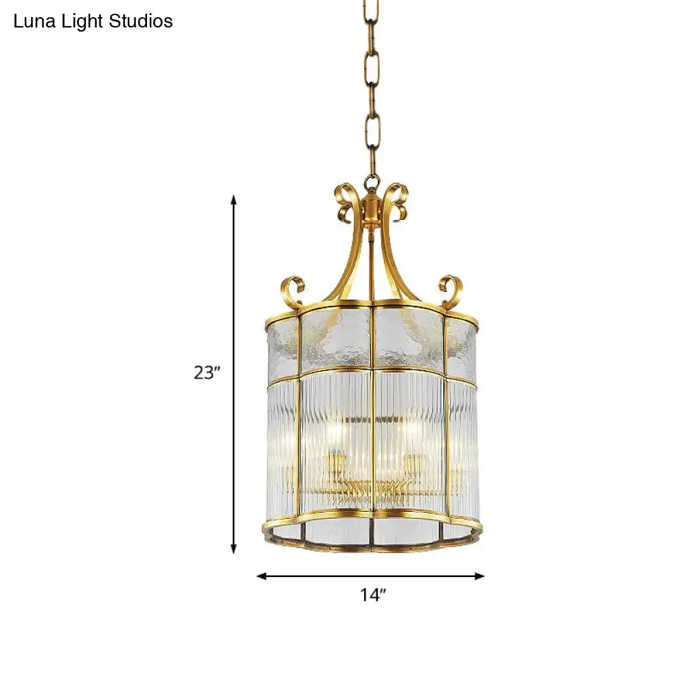 Colonial Gold Clear Prismatic Glass Chandelier - 22"/23" H Cylinder Pendant Lamp - 4 Bulbs - Ideal for Living Room
