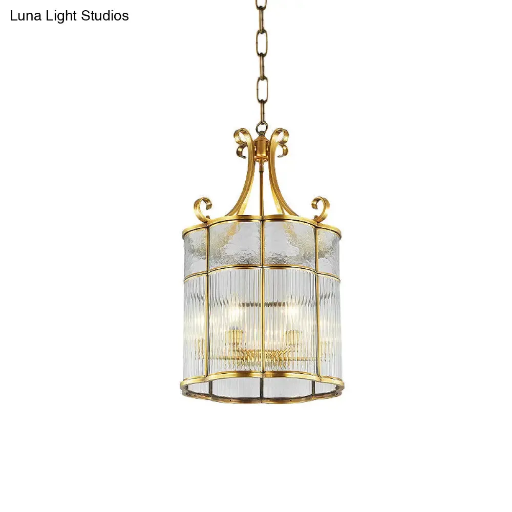 Colonial Gold Clear Prismatic Glass Chandelier - 22"/23" H Cylinder Pendant Lamp - 4 Bulbs - Ideal for Living Room