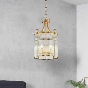 Colonial Gold Clear Prismatic Glass Chandelier - 22"/23" H Cylinder Pendant Lamp - 4 Bulbs - Ideal for Living Room