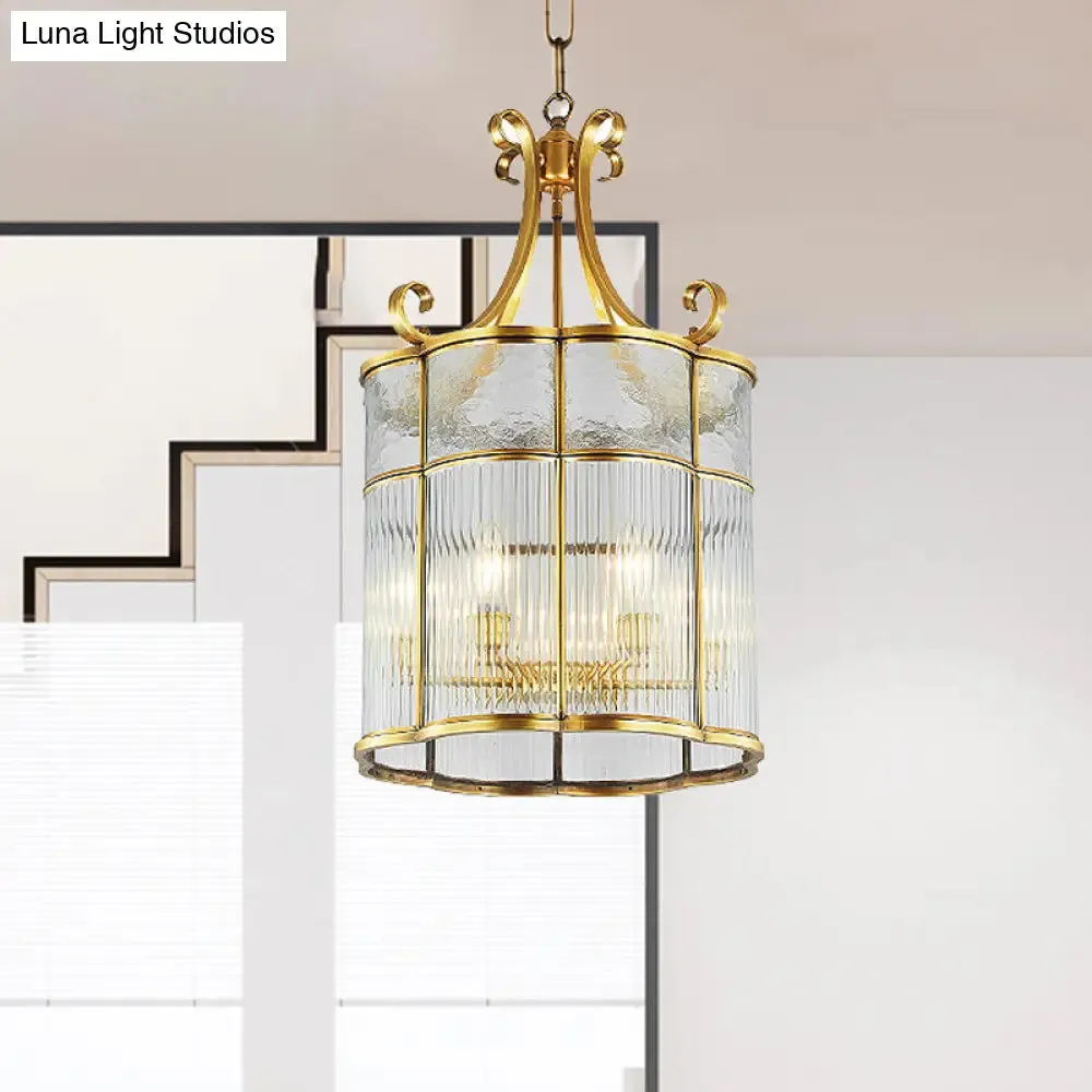Colonial Gold Clear Prismatic Glass Chandelier - 22"/23" H Cylinder Pendant Lamp - 4 Bulbs - Ideal for Living Room