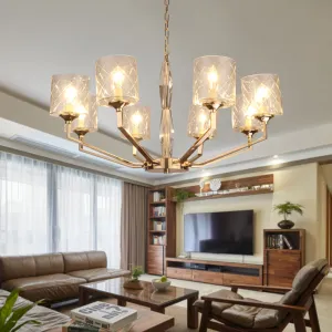 Contemporary 8-Bulb Gold Chandelier with Lattice Glass Shade