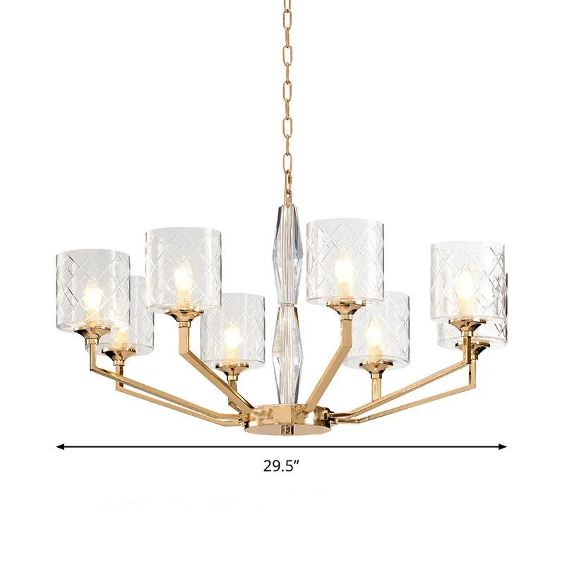 Contemporary 8-Bulb Gold Chandelier with Lattice Glass Shade