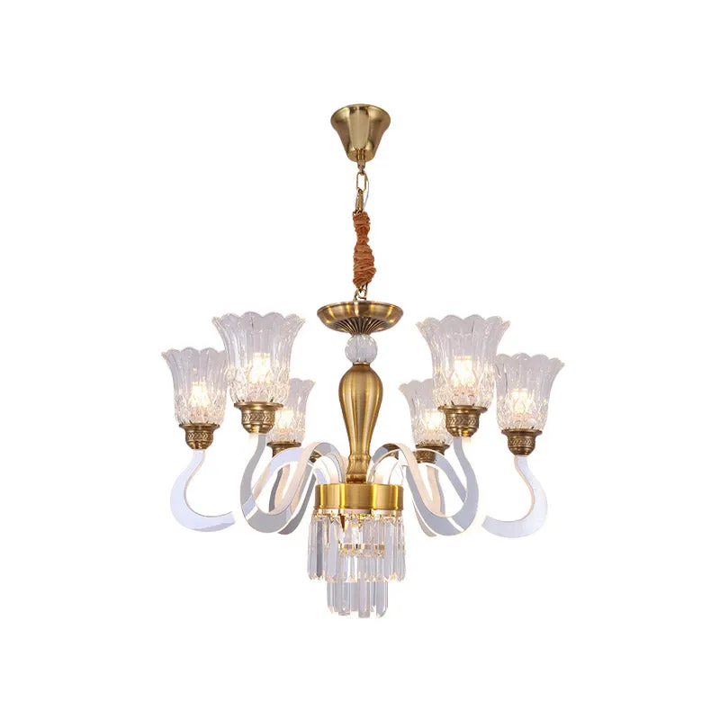 Contemporary Clear Crystal Flower Ceiling Lamp - 6-Head Chandelier for Dining Room with Acrylic Arm