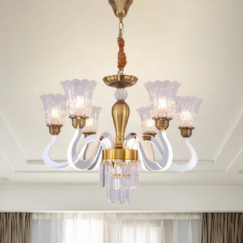 Contemporary Clear Crystal Flower Ceiling Lamp - 6-Head Chandelier for Dining Room with Acrylic Arm