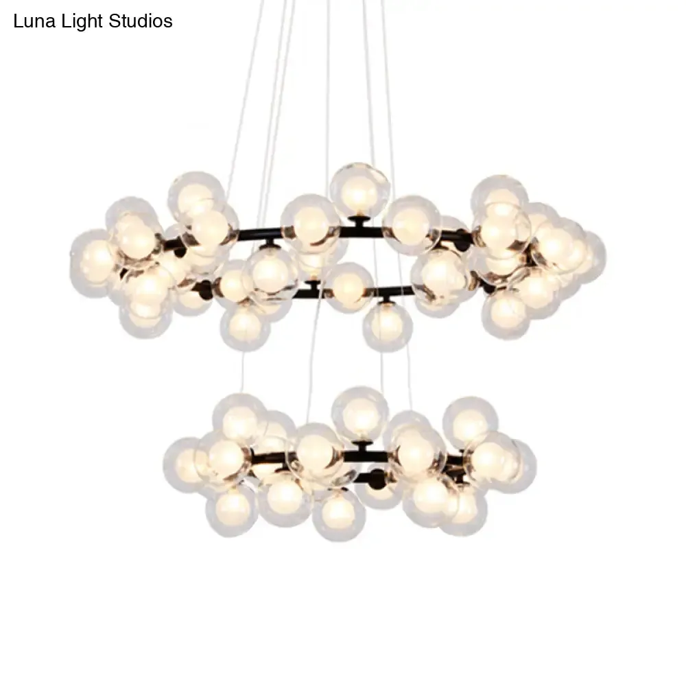Contemporary Clear Glass Bubble Chandelier Light - Black Finish, 2/3 Tiers - Metal Ring Hanging Lamp for Living Room