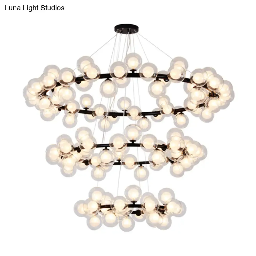 Contemporary Clear Glass Bubble Chandelier Light - Black Finish, 2/3 Tiers - Metal Ring Hanging Lamp for Living Room