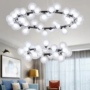 Contemporary Clear Glass Bubble Chandelier Light - Black Finish, 2/3 Tiers - Metal Ring Hanging Lamp for Living Room