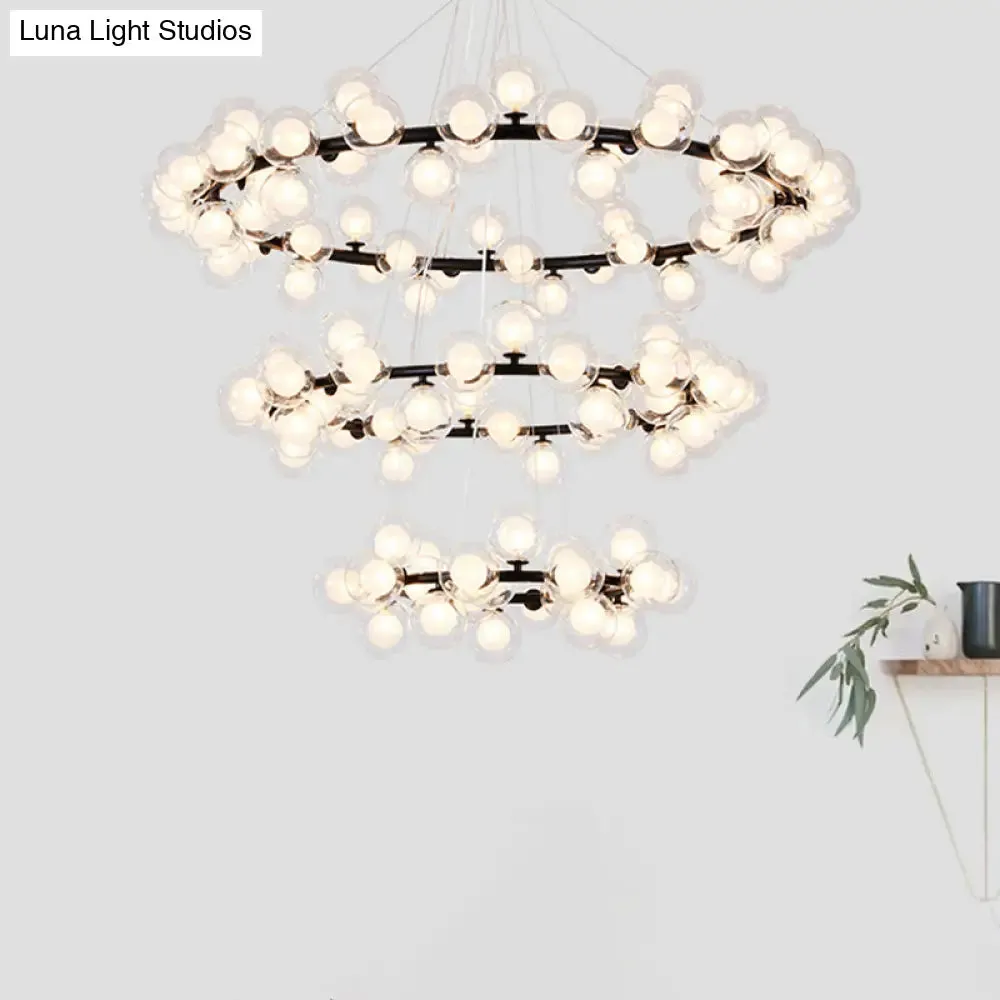 Contemporary Clear Glass Bubble Chandelier Light - Black Finish, 2/3 Tiers - Metal Ring Hanging Lamp for Living Room