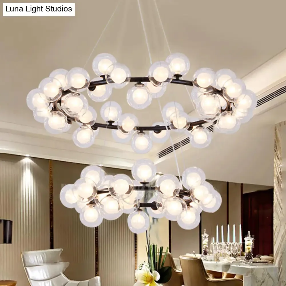 Contemporary Clear Glass Bubble Chandelier Light - Black Finish, 2/3 Tiers - Metal Ring Hanging Lamp for Living Room