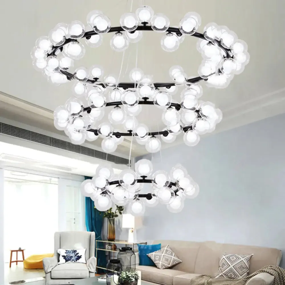 Contemporary Clear Glass Bubble Chandelier Light - Black Finish, 2/3 Tiers - Metal Ring Hanging Lamp for Living Room