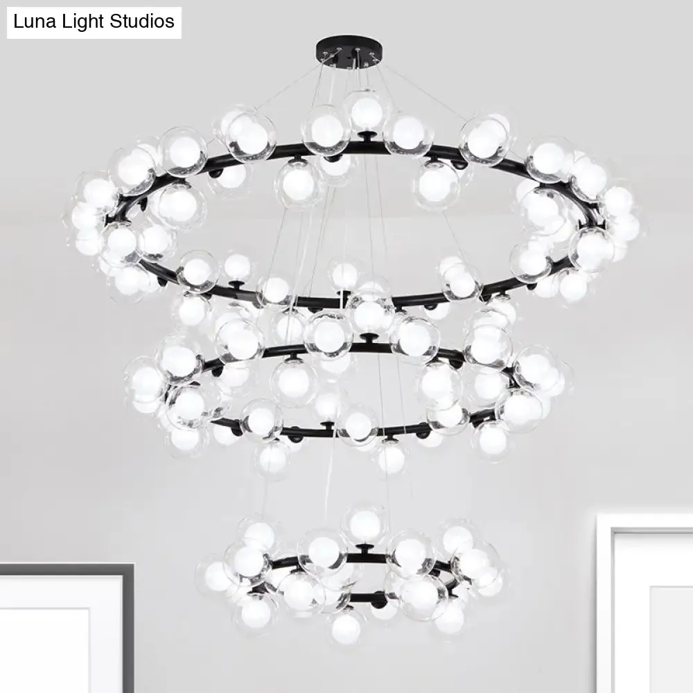 Contemporary Clear Glass Bubble Chandelier Light - Black Finish, 2/3 Tiers - Metal Ring Hanging Lamp for Living Room