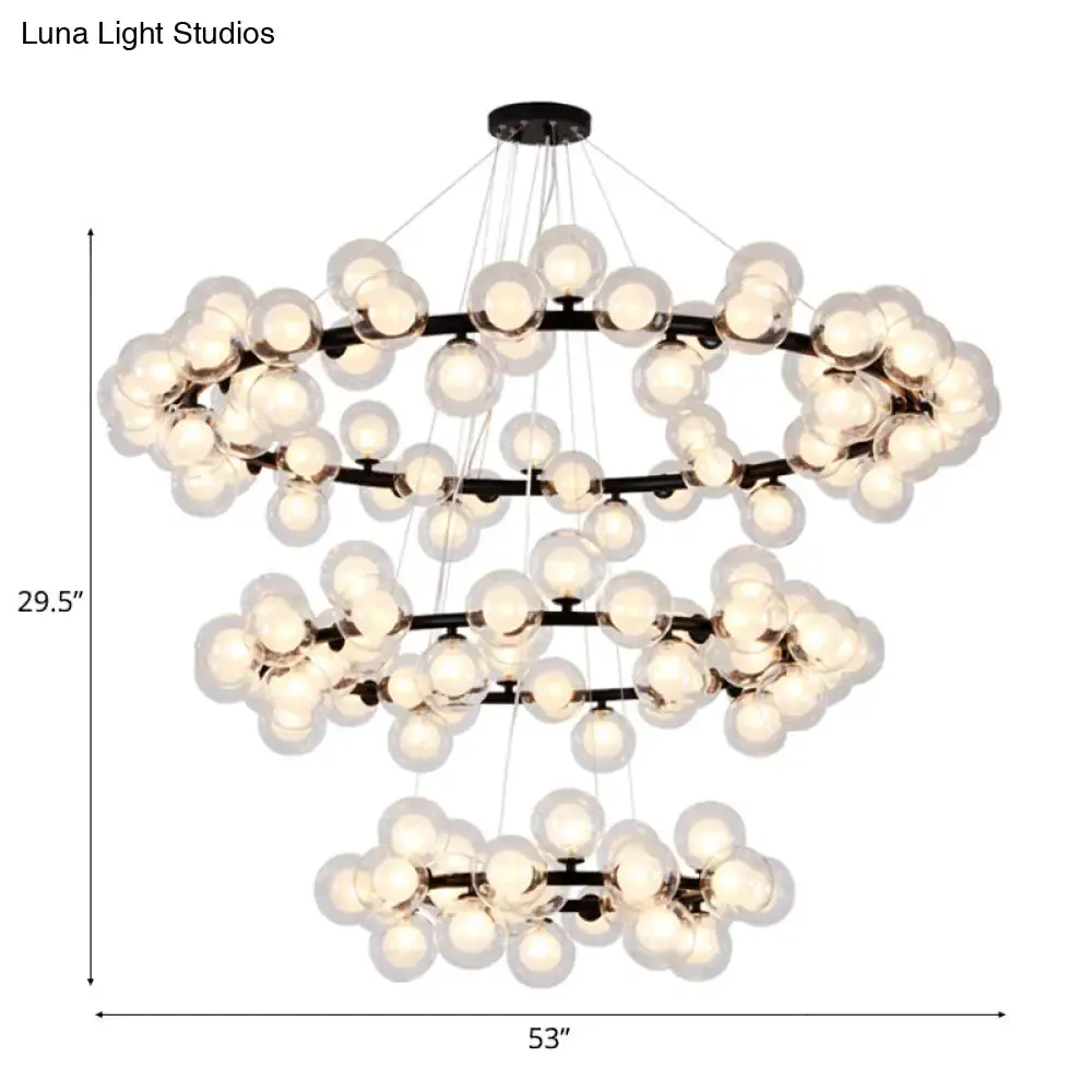 Contemporary Clear Glass Bubble Chandelier Light - Black Finish, 2/3 Tiers - Metal Ring Hanging Lamp for Living Room