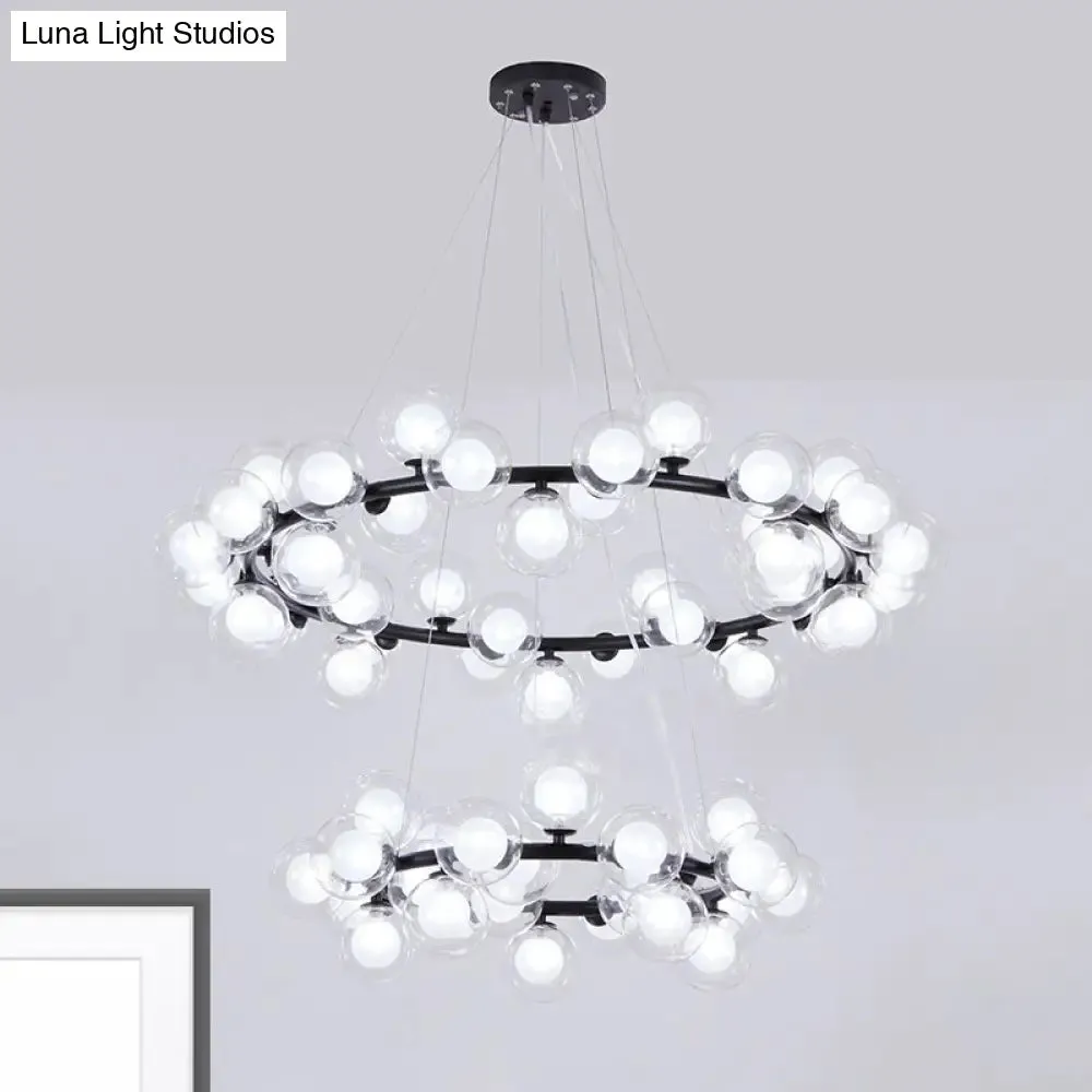 Contemporary Clear Glass Bubble Chandelier Light - Black Finish, 2/3 Tiers - Metal Ring Hanging Lamp for Living Room