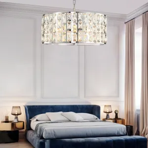 Contemporary Drum Chandelier: Clear Crystal Pendant Lamp with Metal Chain, Chrome Finish for Bedroom