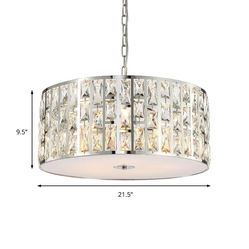 Contemporary Drum Chandelier: Clear Crystal Pendant Lamp with Metal Chain, Chrome Finish for Bedroom