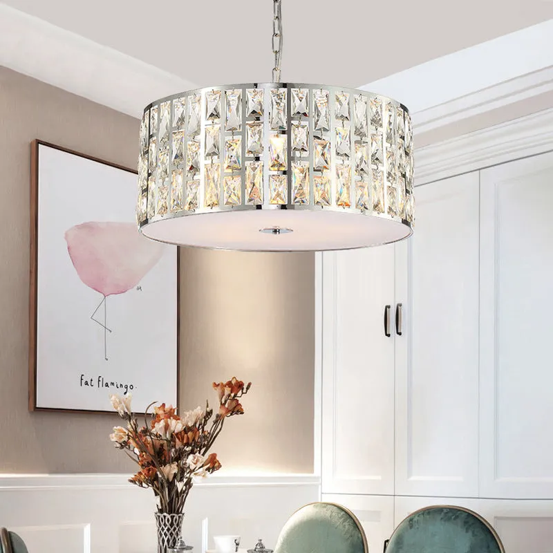 Contemporary Drum Chandelier: Clear Crystal Pendant Lamp with Metal Chain, Chrome Finish for Bedroom