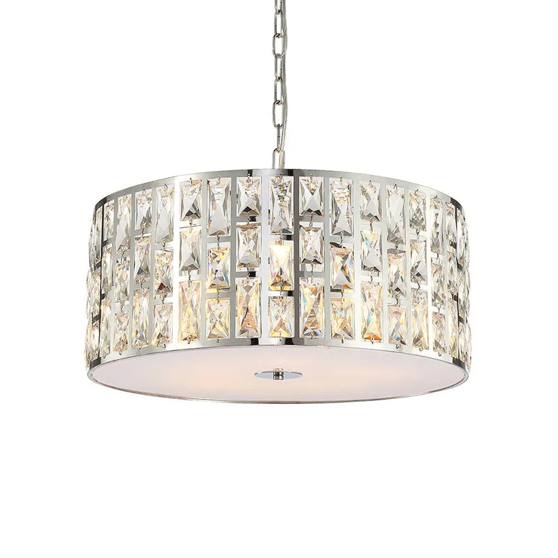 Contemporary Drum Chandelier: Clear Crystal Pendant Lamp with Metal Chain, Chrome Finish for Bedroom