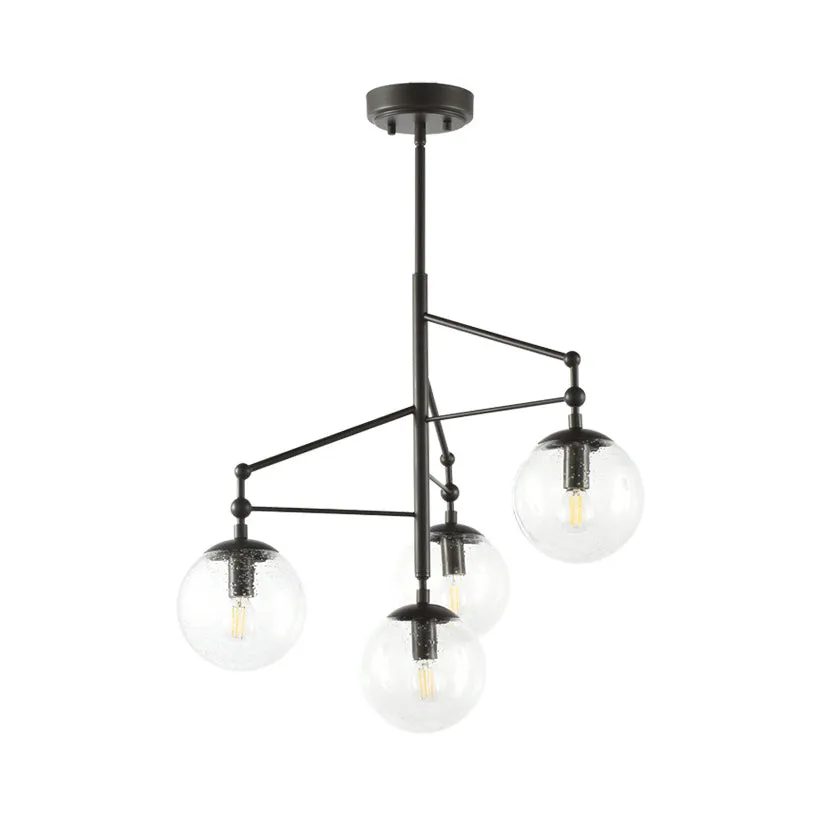 Contemporary Globe Clear Frosted Glass Chandelier - 4 Lights - Black Hanging Light Fixture