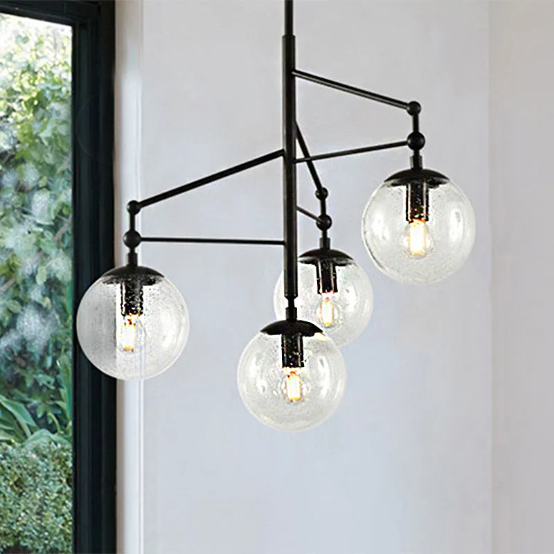 Contemporary Globe Clear Frosted Glass Chandelier - 4 Lights - Black Hanging Light Fixture
